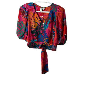 Joie Vibrant Tropical puff sleeve crop tie front Blouse NWT size XS